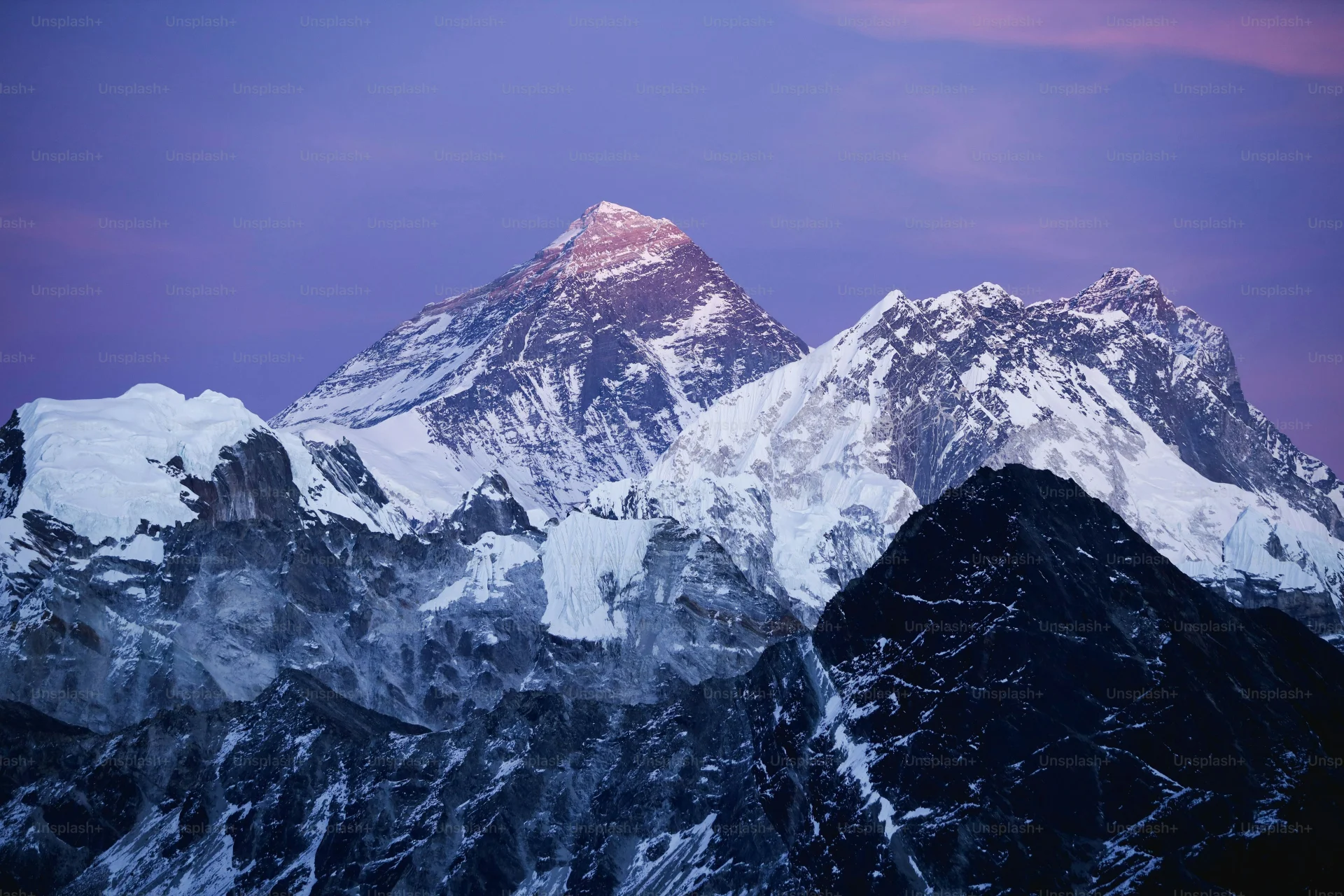 Majestic Himalayan mountains of Nepal at dusk/night